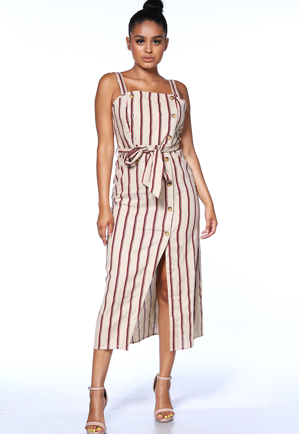 Pinstriped Tie Front Maxi Dress