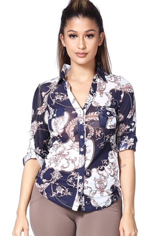 Semi-Sheer Double Pocket Button-Up Blouse