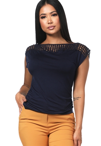 Side Ruched Detail Crochet Trim Top
