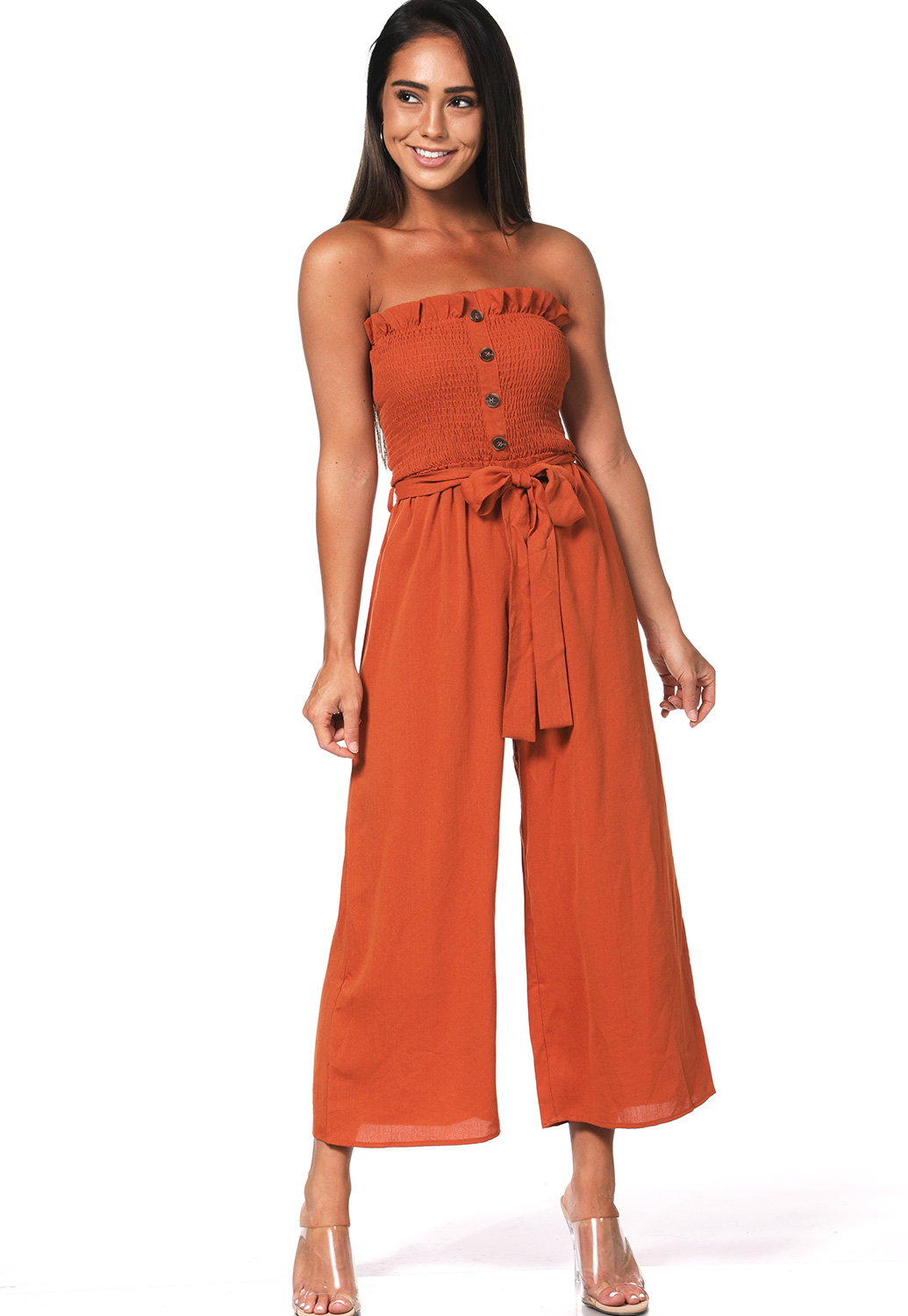 Smocked Detail Tie Front Jumpsuit