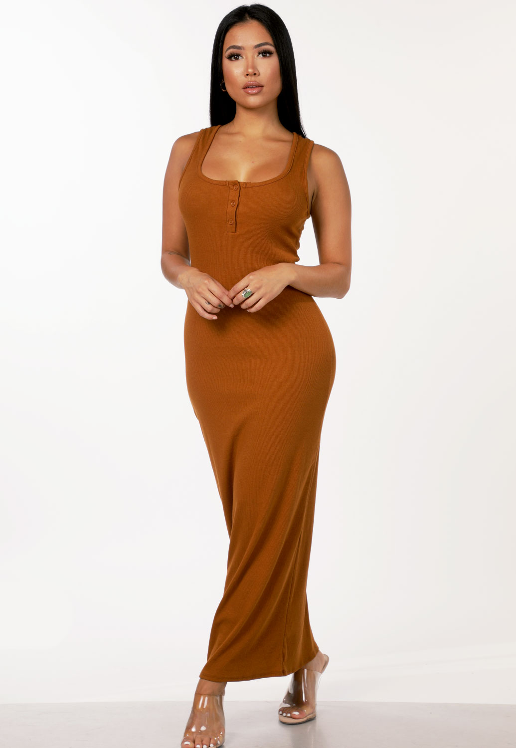 Ribbed Button Detail Maxi Dress