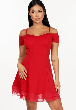 Open Shoulder Flare Trim Mini Dress
