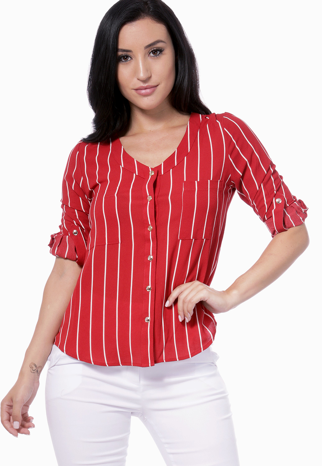 Pinstriped Long Sleeve Dressy Blouse