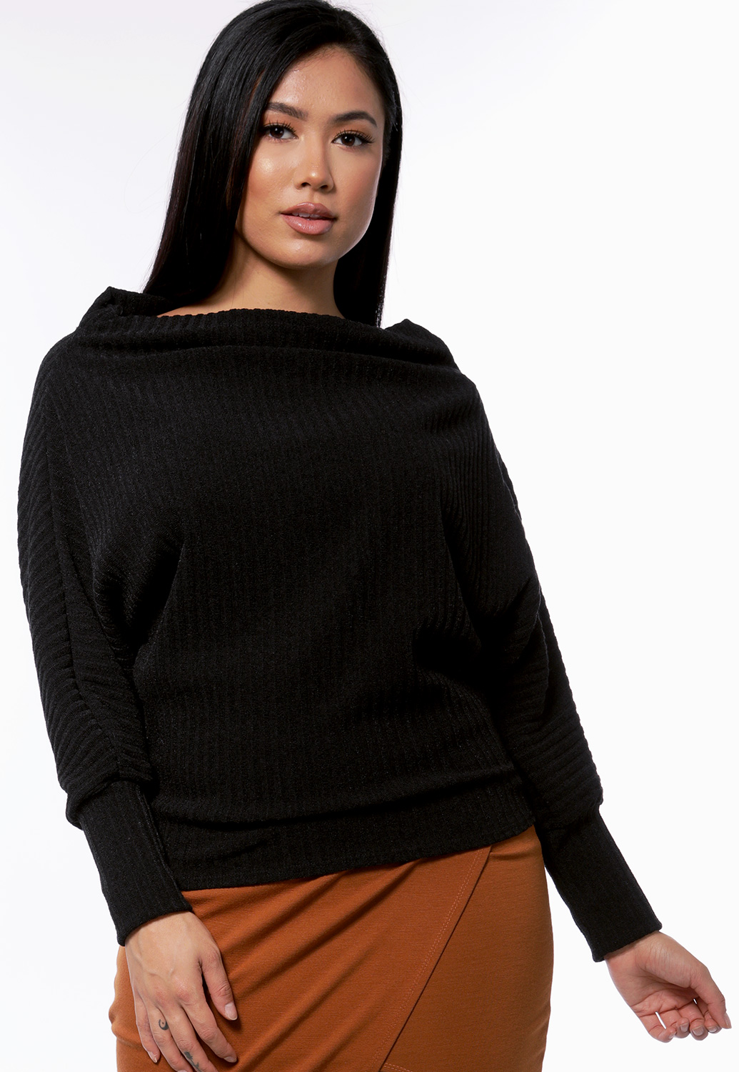 Cowl Neck Ribbed Knit Top