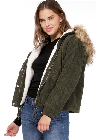 Ribbed Faux Fur Hooded Jacket
