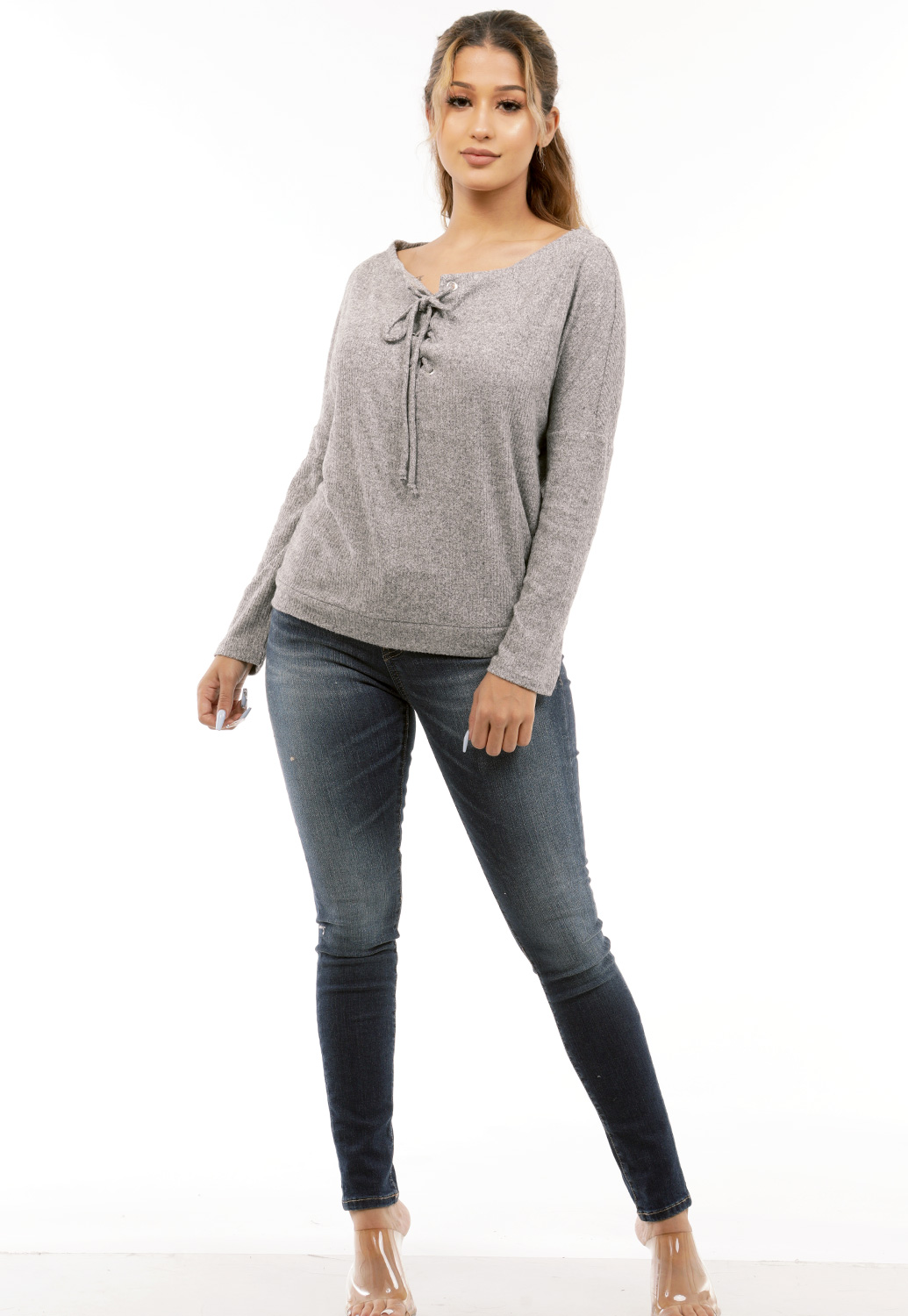 Lace Up Long Sleeve Knit Top