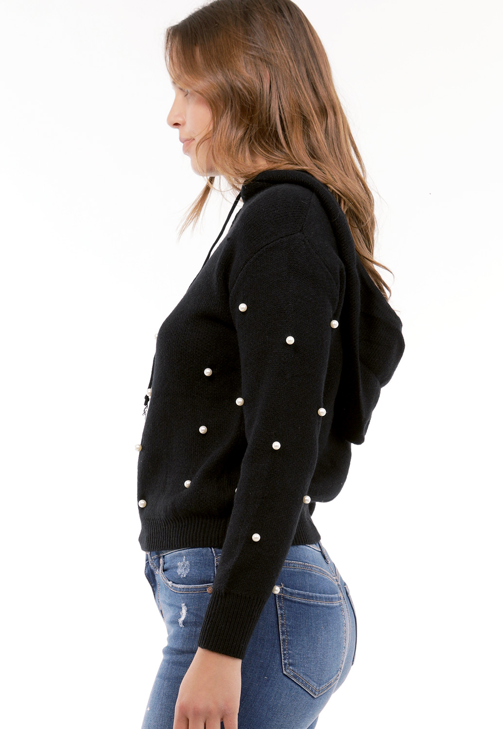 Faux Pearl Accented Hoodie Sweater