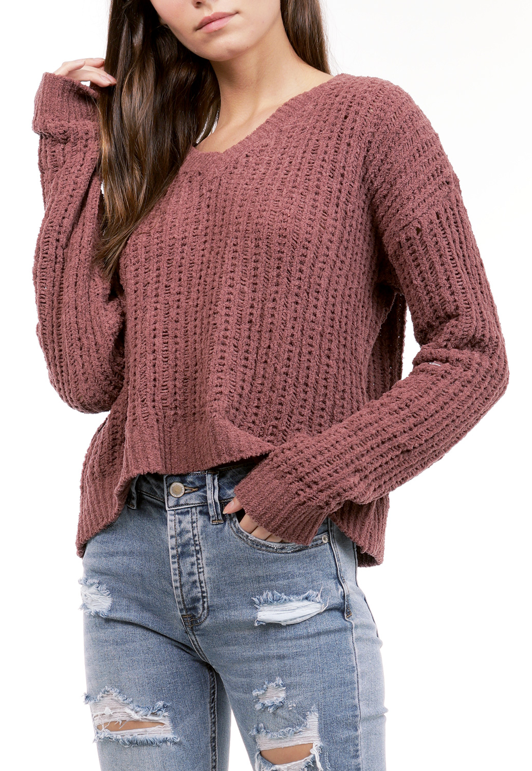 Knit V-Neck Chenille Sweater