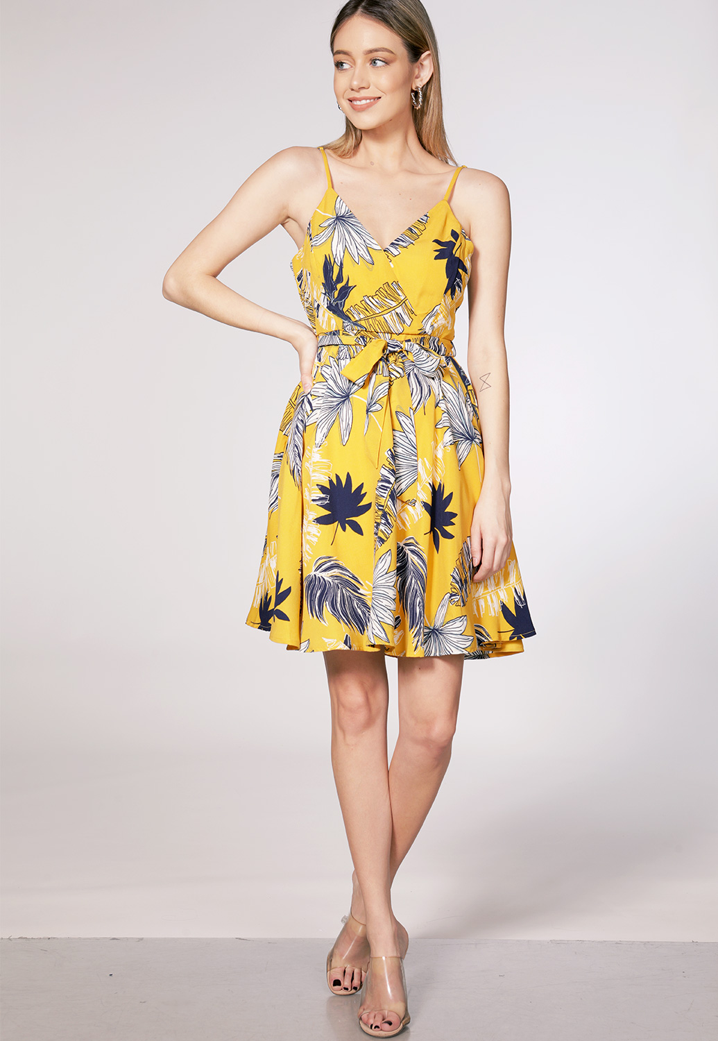 Palm Leaf Print Tie Front Dress