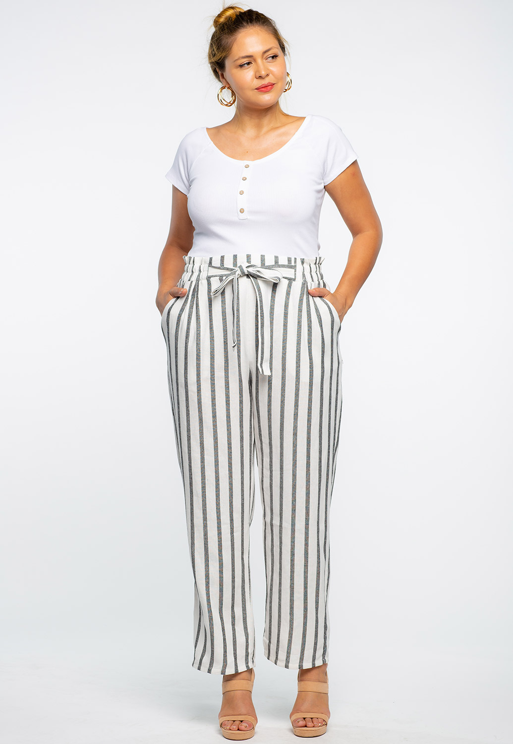 Waist Tie Pinstriped Casual Pants