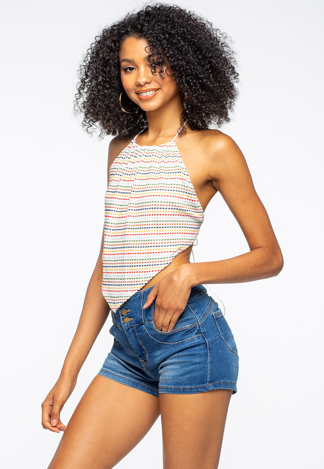 Colorful Striped High Neck Halter Top With Open Back 