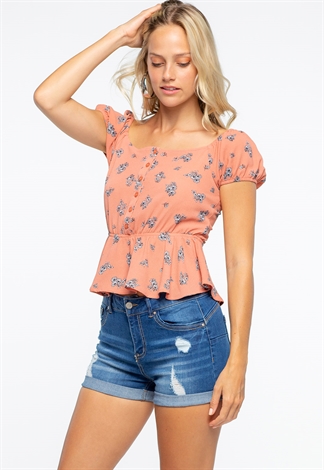 Front Button Detailed Floral Ruffled Top 