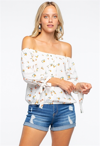 Off The Shoulder Floral Printed Top With Wrist Tie Detail 