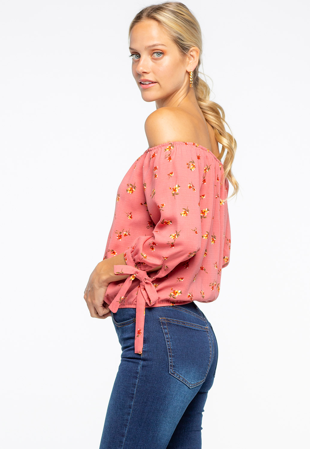 Off The Shoulder Floral Printed Top With Wrist Tie Detail 