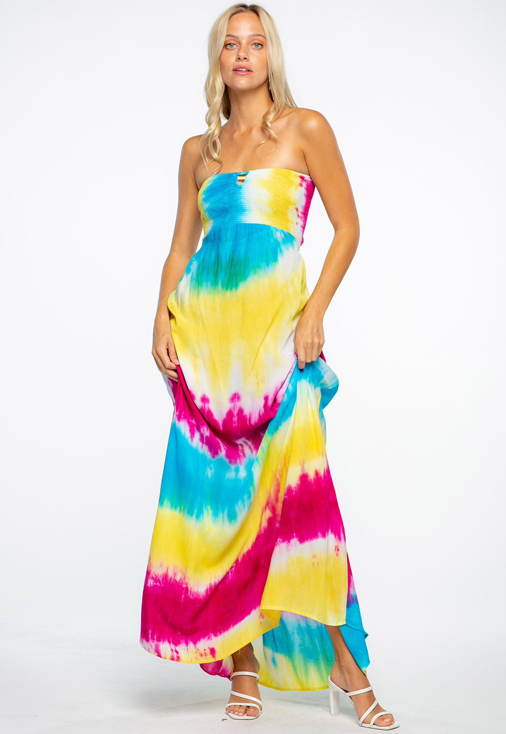 Summer Strapless Tie Dye Maxi Dress With Back Details 
