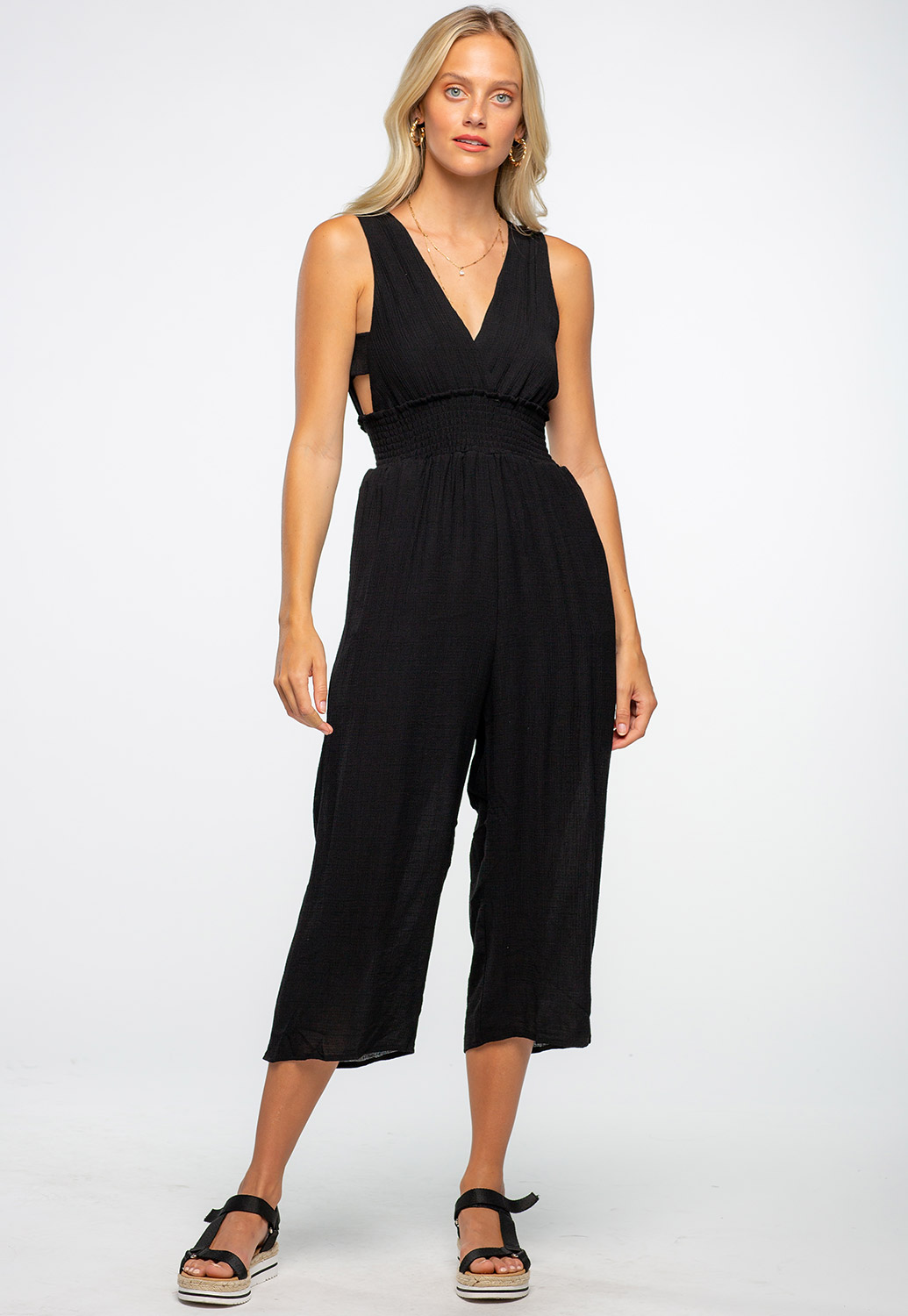 Casual Solid V-Neck Palazzo Jumpsuit With Button Closure Back 