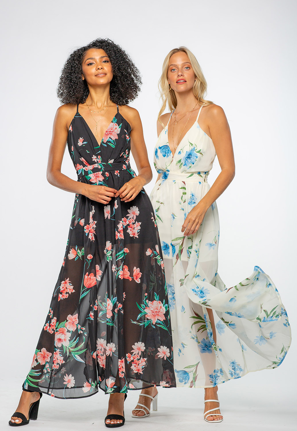V-Neck Floral Sheer Maxi Dress With Front Slit Details 