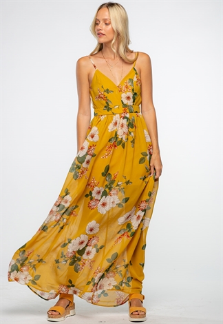 Spaghetti Strap V-Neck Floral Maxi Sheer Dress With Open Back 