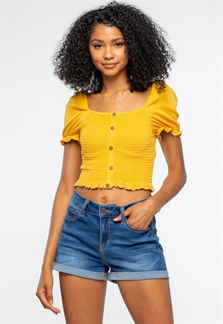 Front Button Detailed Puff Sleeve Smocked Crop Top 