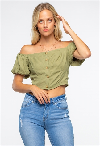 Off The Shoulder Front Button Detailed Puff Sleeve Crop Top 