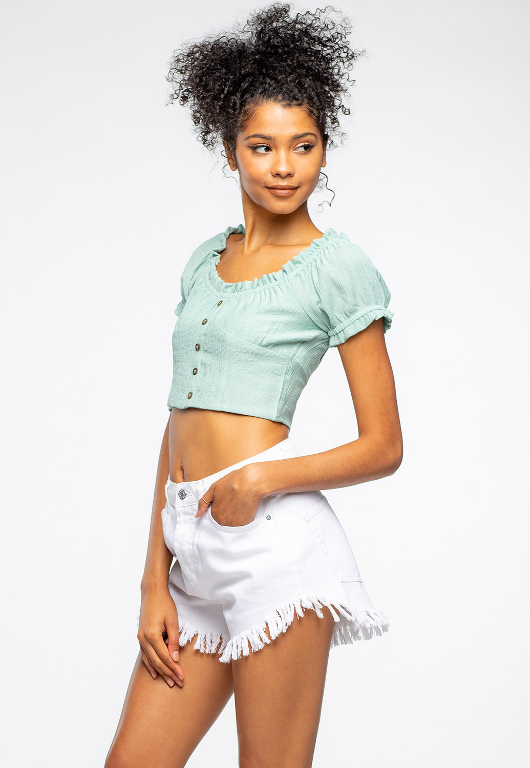 Square Neck Semi-Puff Sleeve Crop Top With Smocked Back 