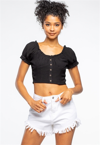 Square Neck Semi-Puff Sleeve Crop Top With Smocked Back 