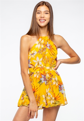 Mustard Tropical Floral Romper With Halter Neck