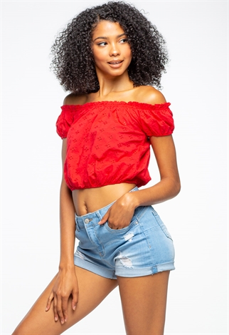 Off The Shoulder Puff Sleeve Lace Crop Top 