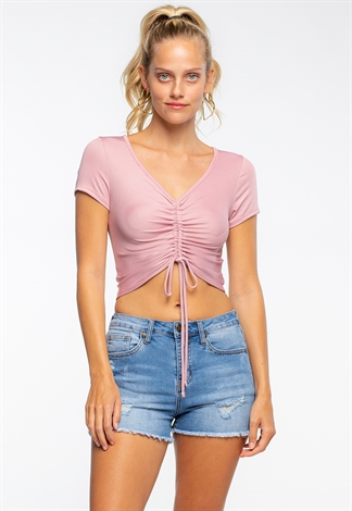 Ruched Drawstring Front Crop Top
