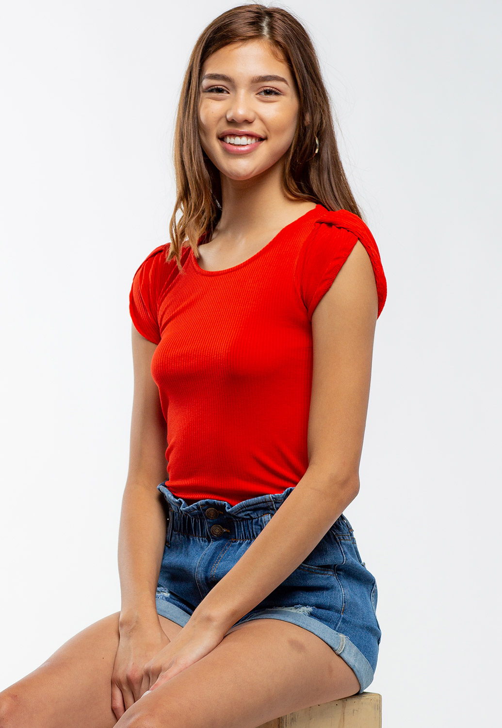 Round Neck Basic Ribbed Top With Layered Sleeves