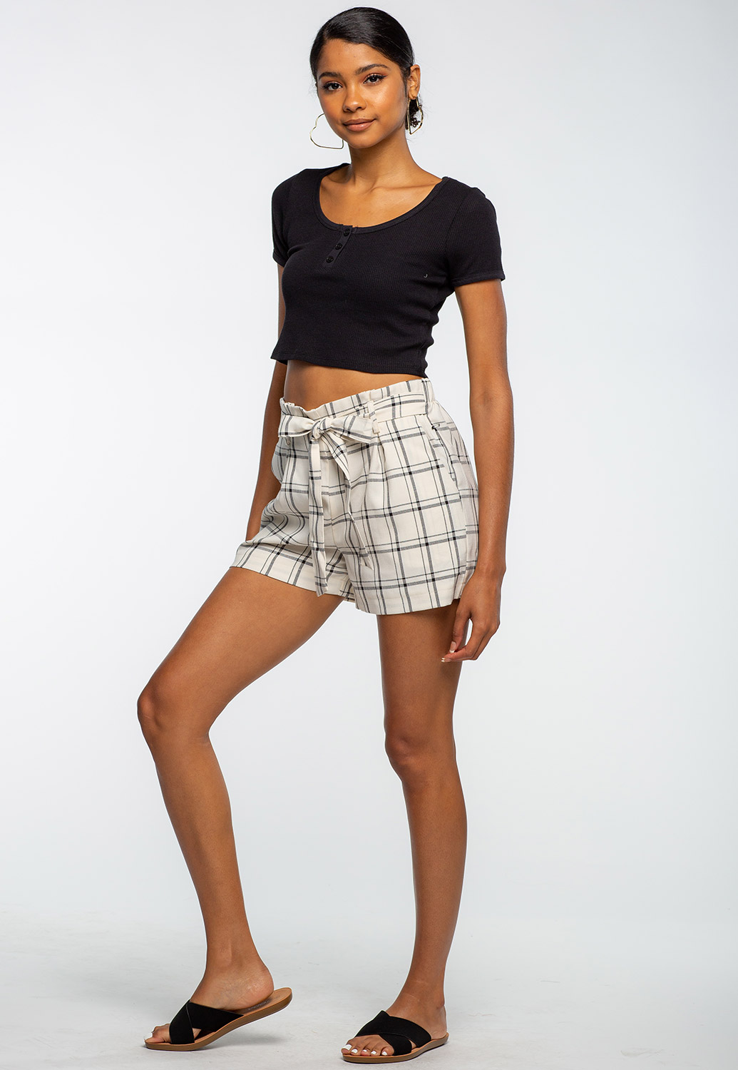 Front Tie Plaid Printed Paper Bag Shorts 