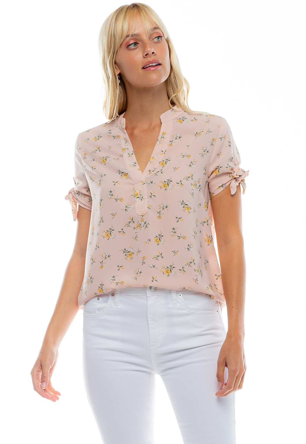 V-Neck Floral Blouse With Tie Sleeve Details