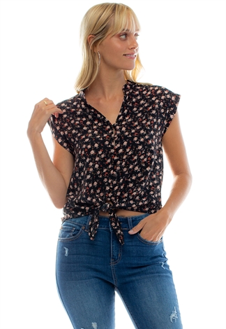 Front Tie Floral Short Sleeve Blouses