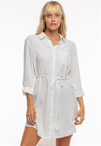 Flowy Button Up Shirt Dress With Tie 
