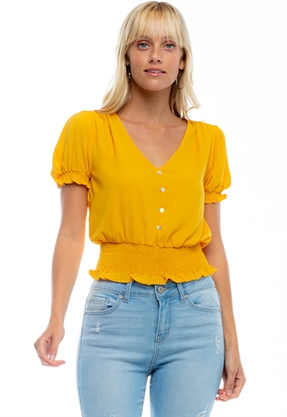 Semi Puff V-Neck Smocked Blouse With Buttons 