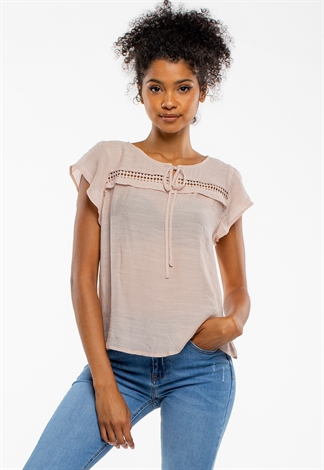 Round Neck Lace Blouse With Button Closure 