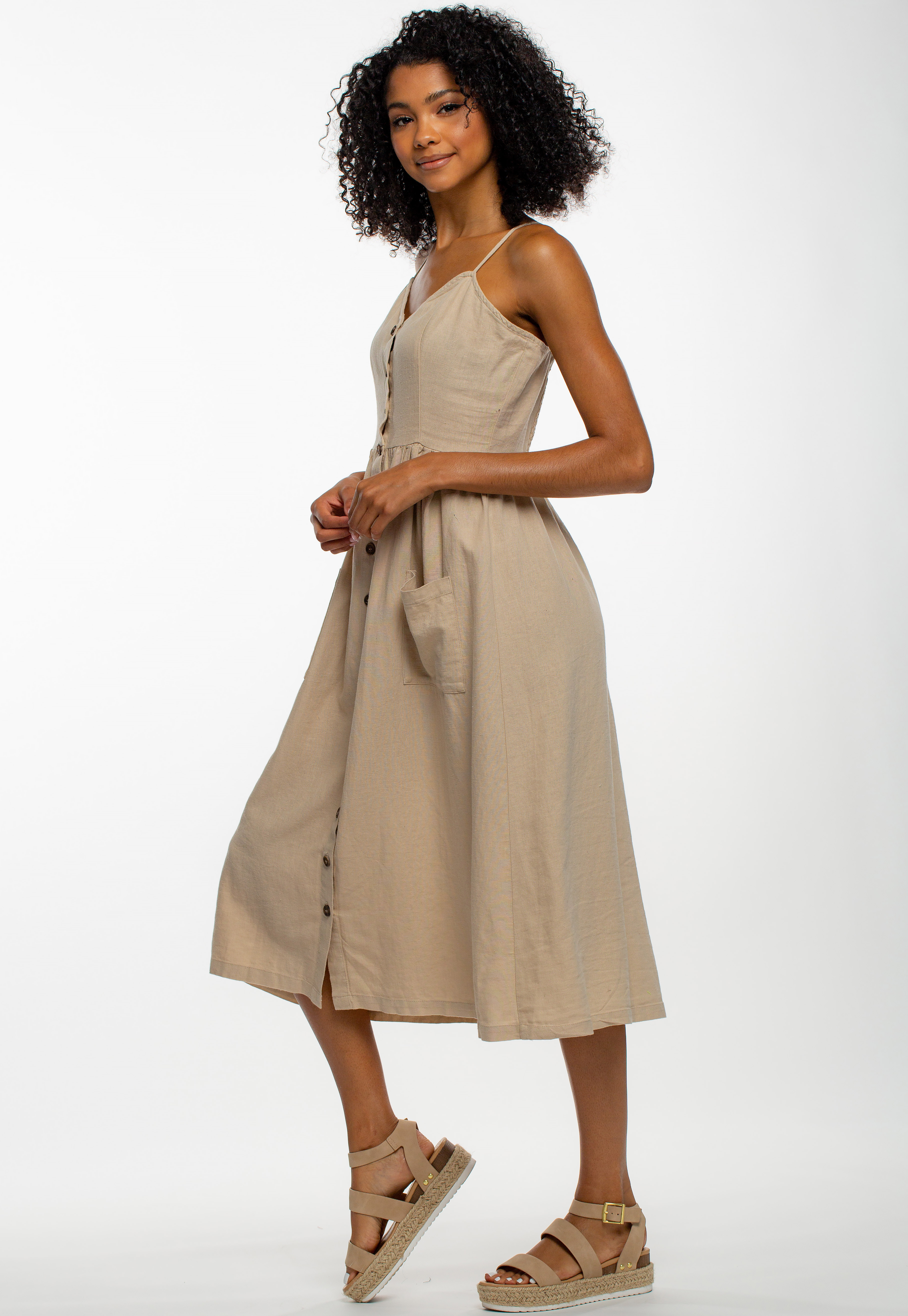 Casual Button Up Strappy Midi Dress With Pockets