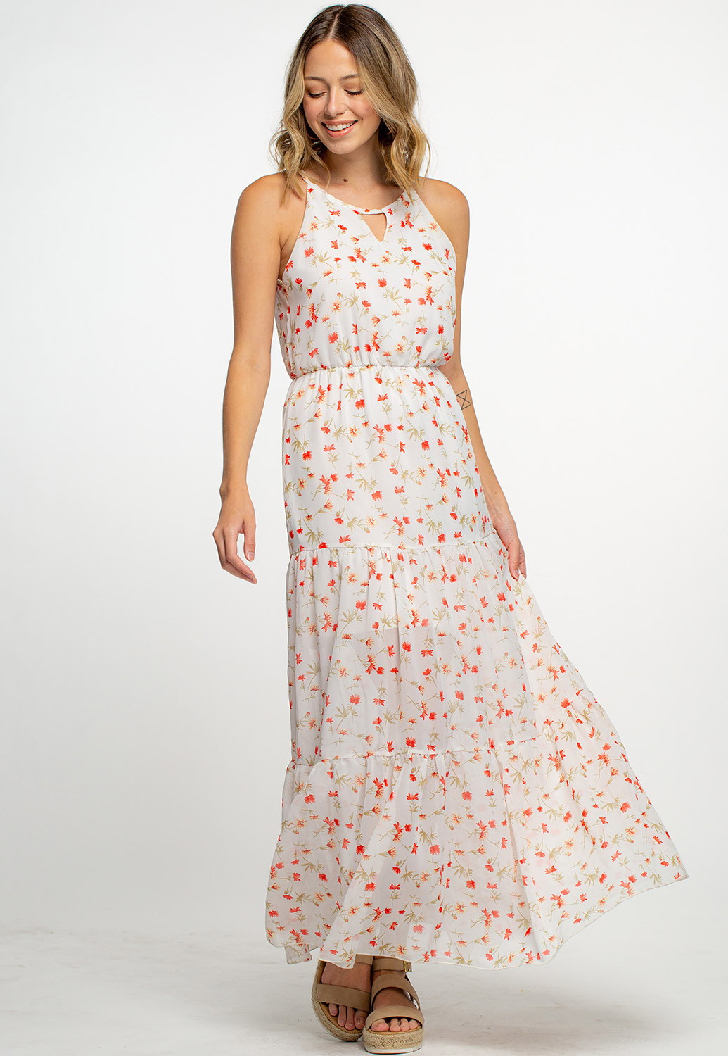 Key Hole Detailed Summer Floral Maxi Dress 