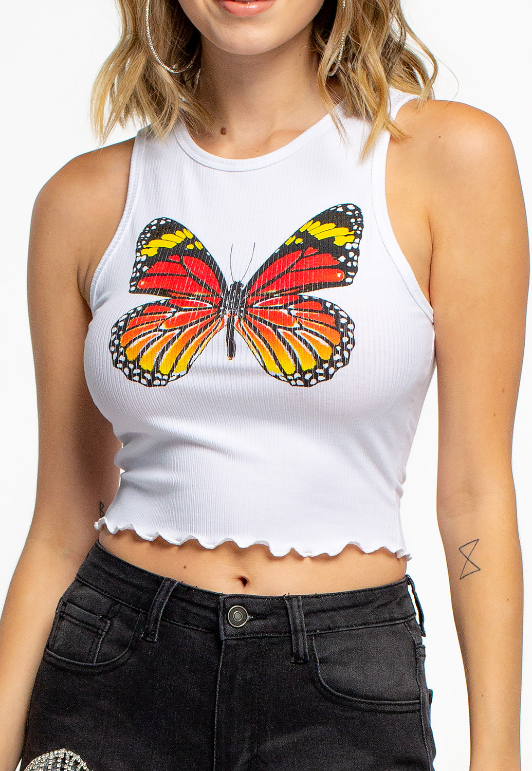 Butterfly Printed Crop Tank With Lettuce-Edge