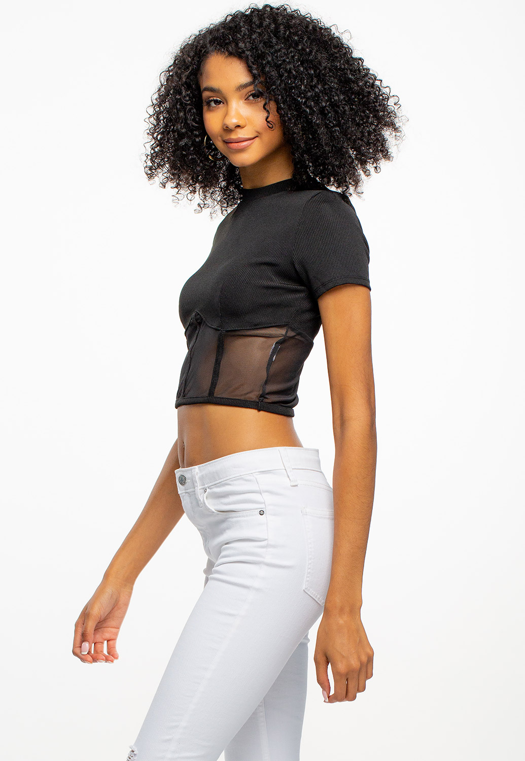 Ribbed High-Neck Mesh Top