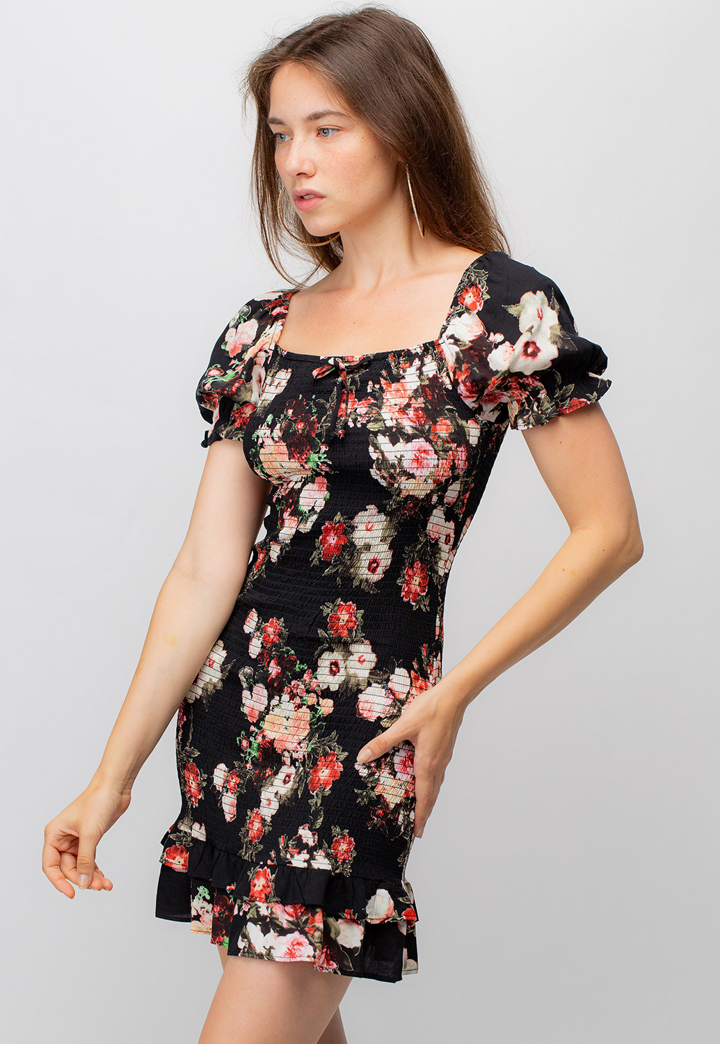 Smoked Puff Sleeve Floral Dress