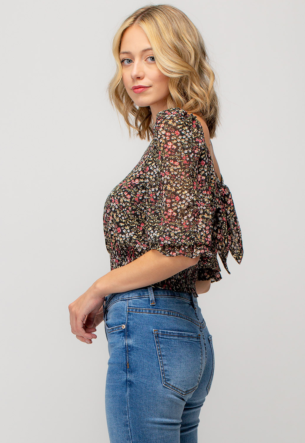 Square Neck Floral Smocked Top With Tie Back 