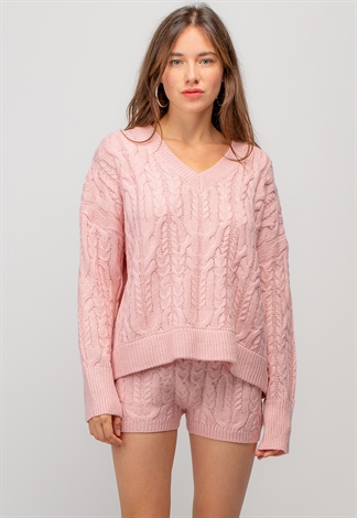 Cozy V-Neck Long Sleeve Sweater & Short Set 