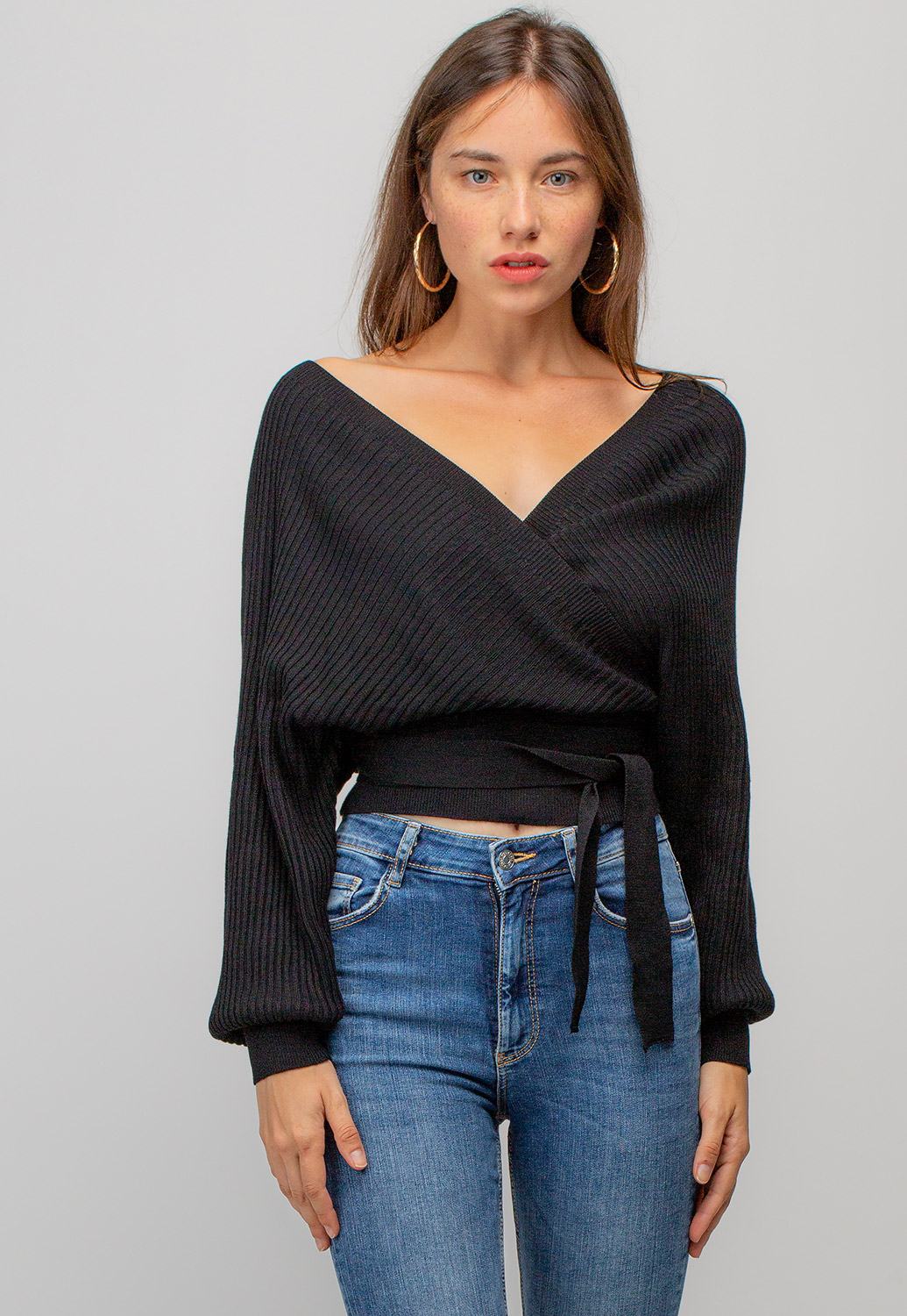 V-Neck Long Sleeve Ribbed Crop Sweater Top