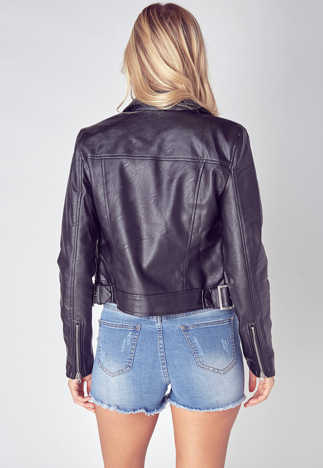 Faux Leather Textured Short Moto Jacket 