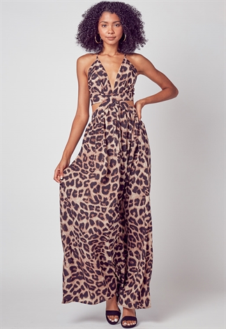 Deep V-Neck Leopard Printed Maxi Dress 