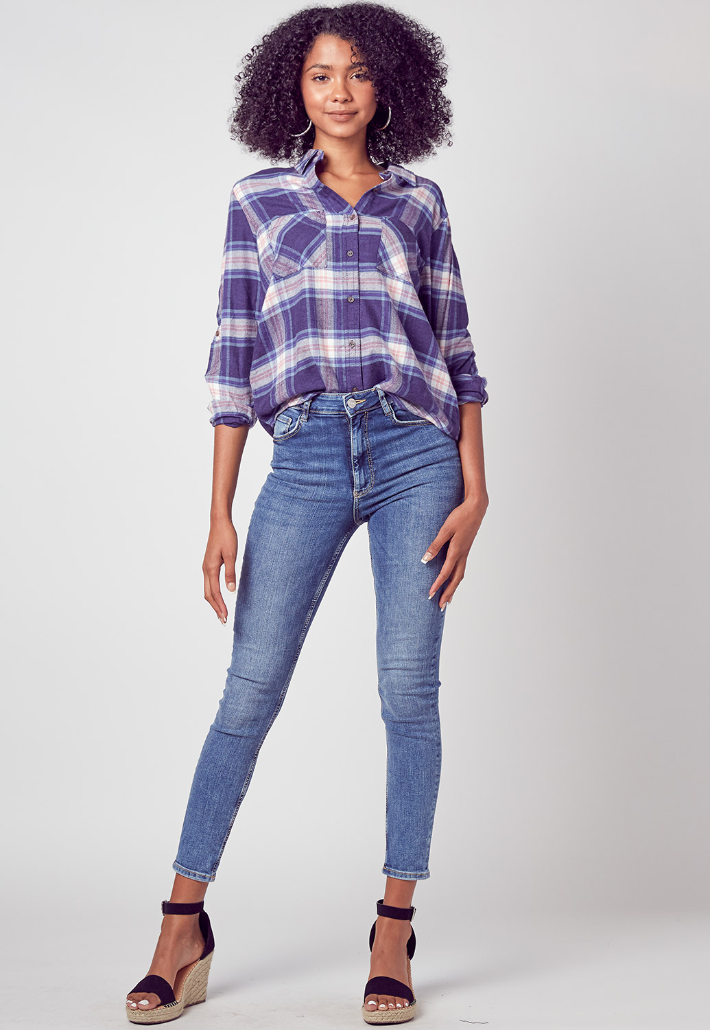 Collared Pocket Front Plaid Shirt Blouse