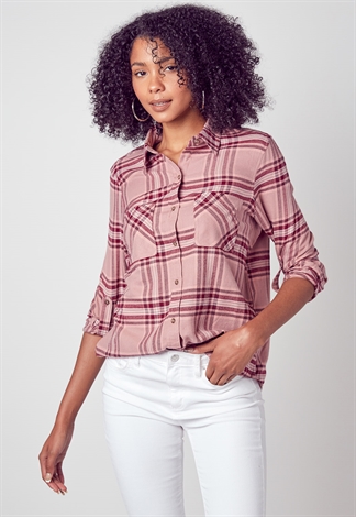 Collared Pocket Front Plaid Shirt Blouse