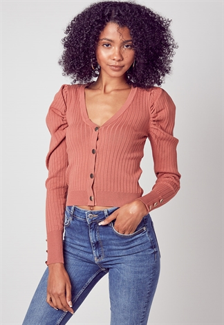 Button Up Puff Shoulder Sleeve Cardigan Top