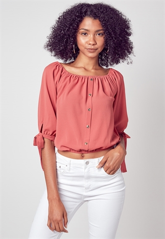 Tie Sleeve Button Up Detailed Blouse Top